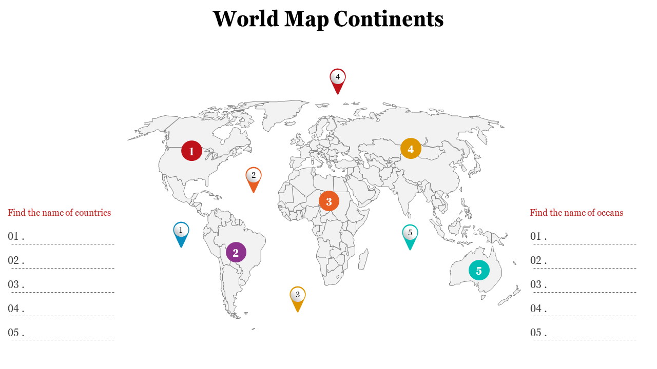 Outline world map with pins labeled 1 to 5 across continents and oceans, with side lists for naming countries and oceans.