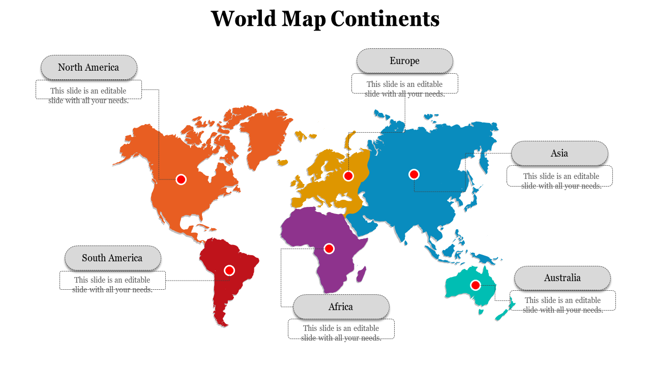 Labeled continents on a bright map with red dots and dotted lines connecting to outlined text boxes.