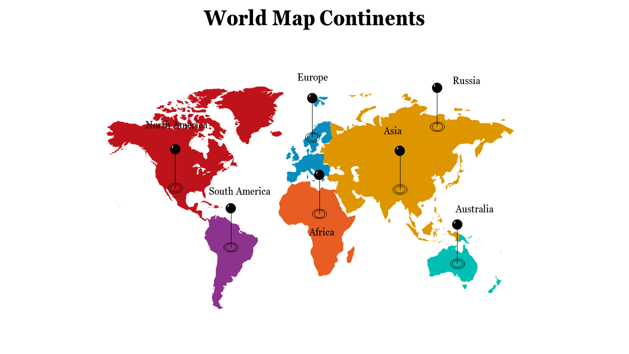 Slide with colored world map above and labeled rectangular boxes for each continent shown in matching shades below.