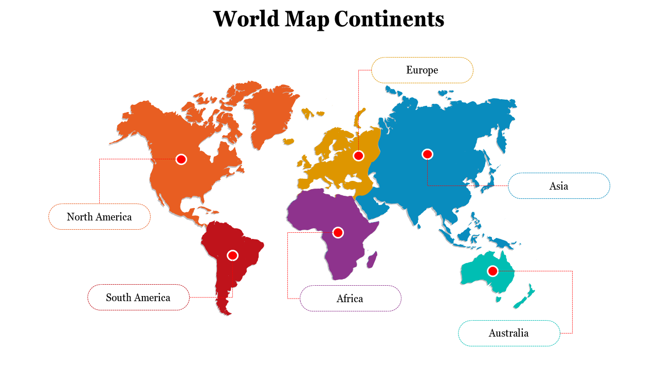 Oval world map showing seven colored continents with labeled oceans like Pacific, Atlantic, Indian, and Southern.
