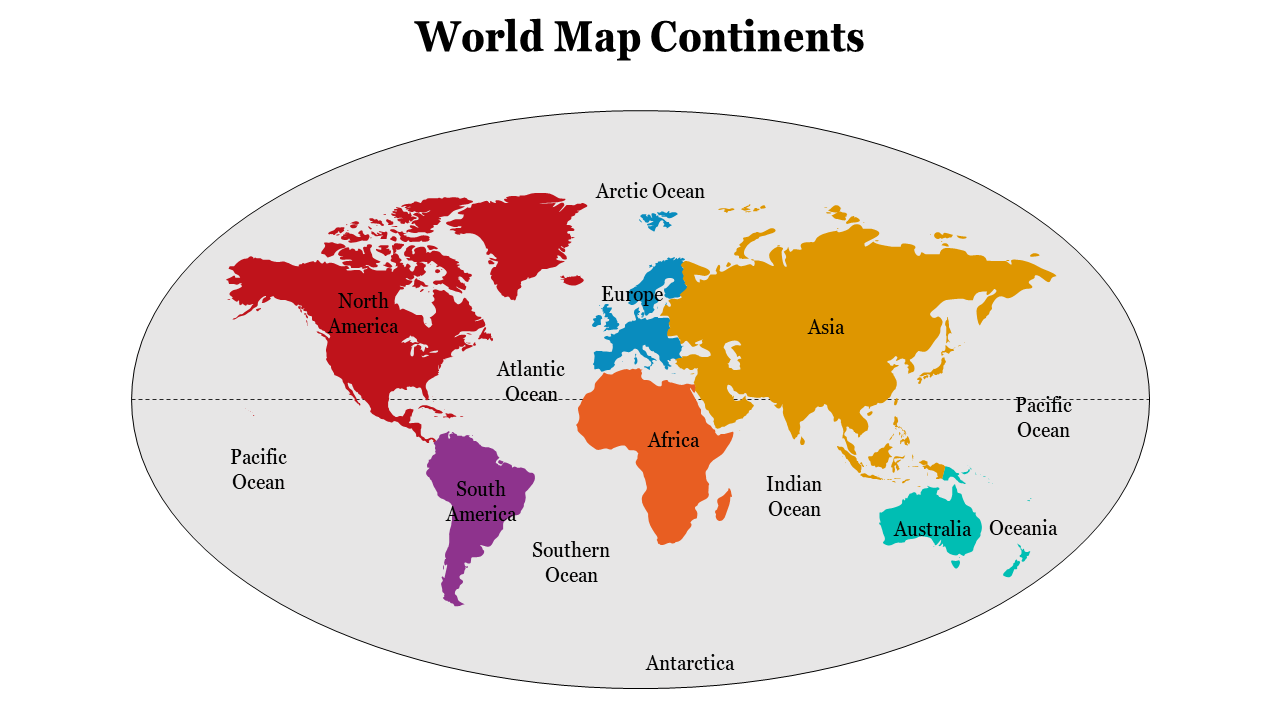 Monochrome oval world map with thin continent borders and names of oceans and continents marked in black text.