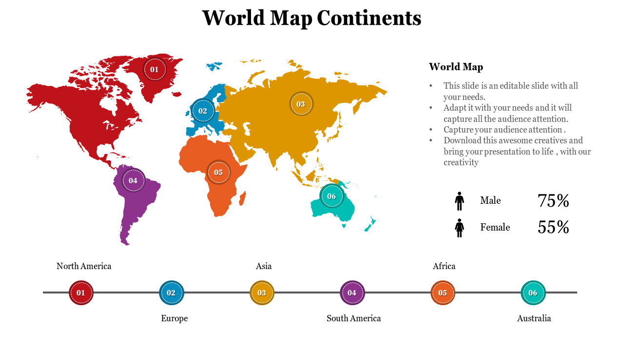 World map with six colored continents and side labels numbered 1 to 6, matching each continent’s color.