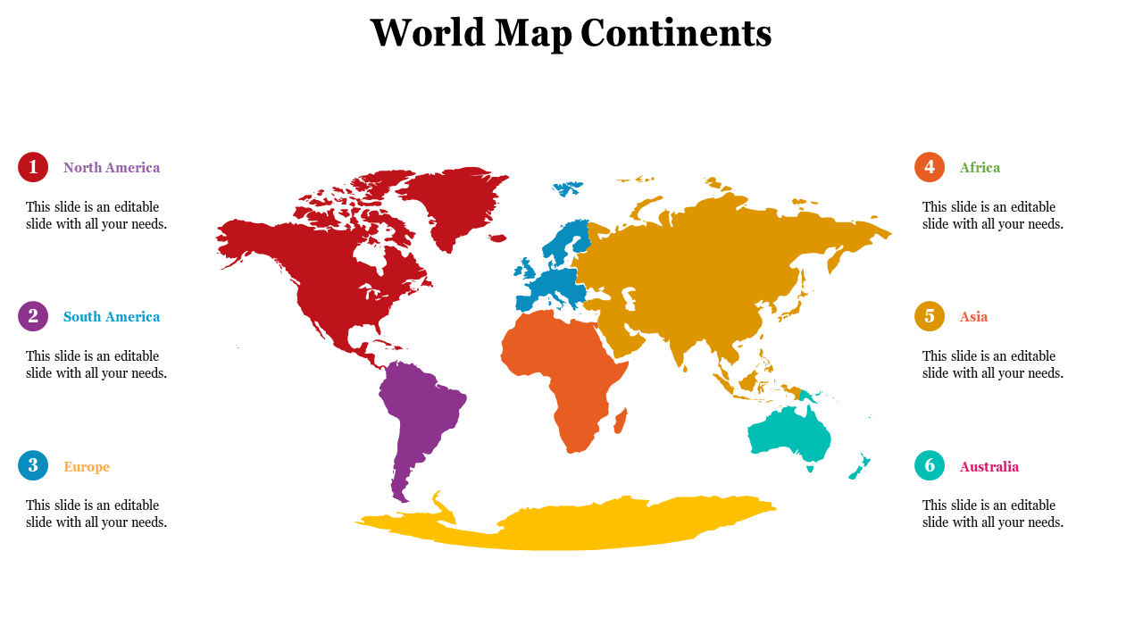 World map with numbered circles marking continents and colored ribbons labeling North America to Australia.