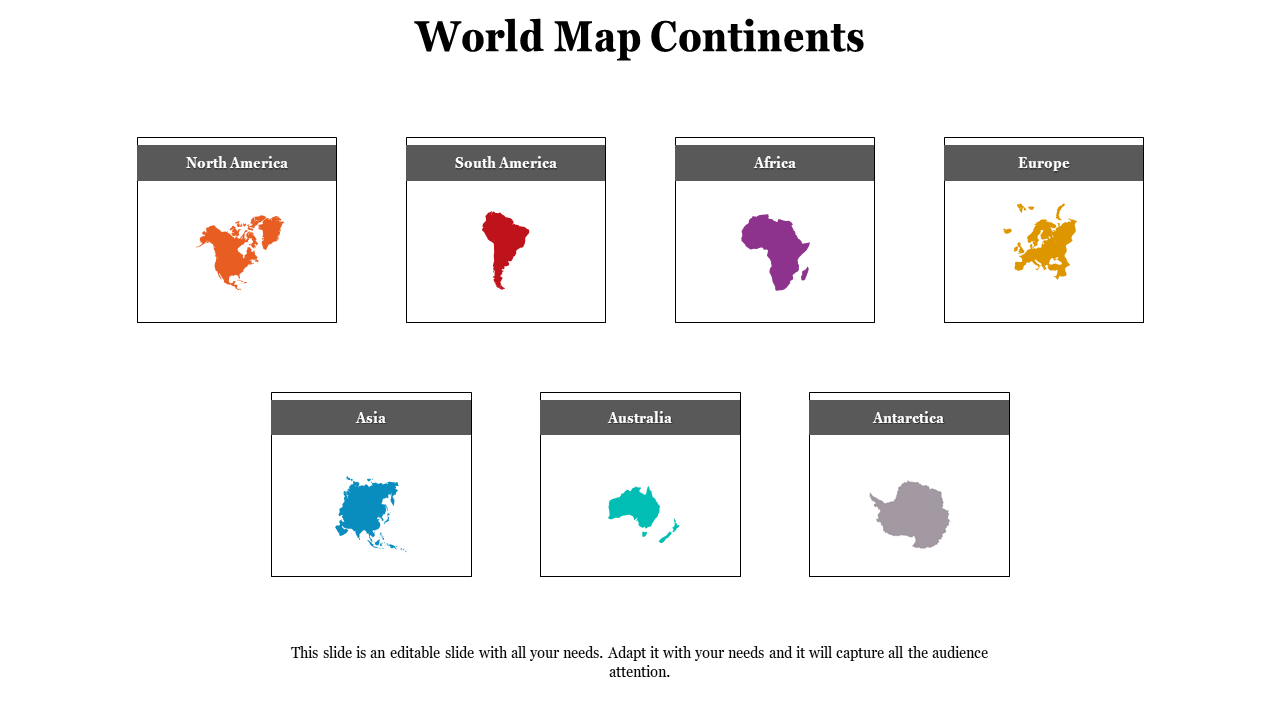 Flat world map with seven labeled continents in different colors, surrounded by oceans labeled in black text.