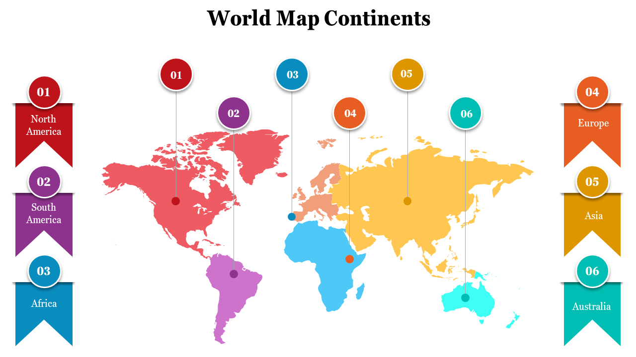 Labeled world map with seven colored continents and matching round icons with captions on the right.