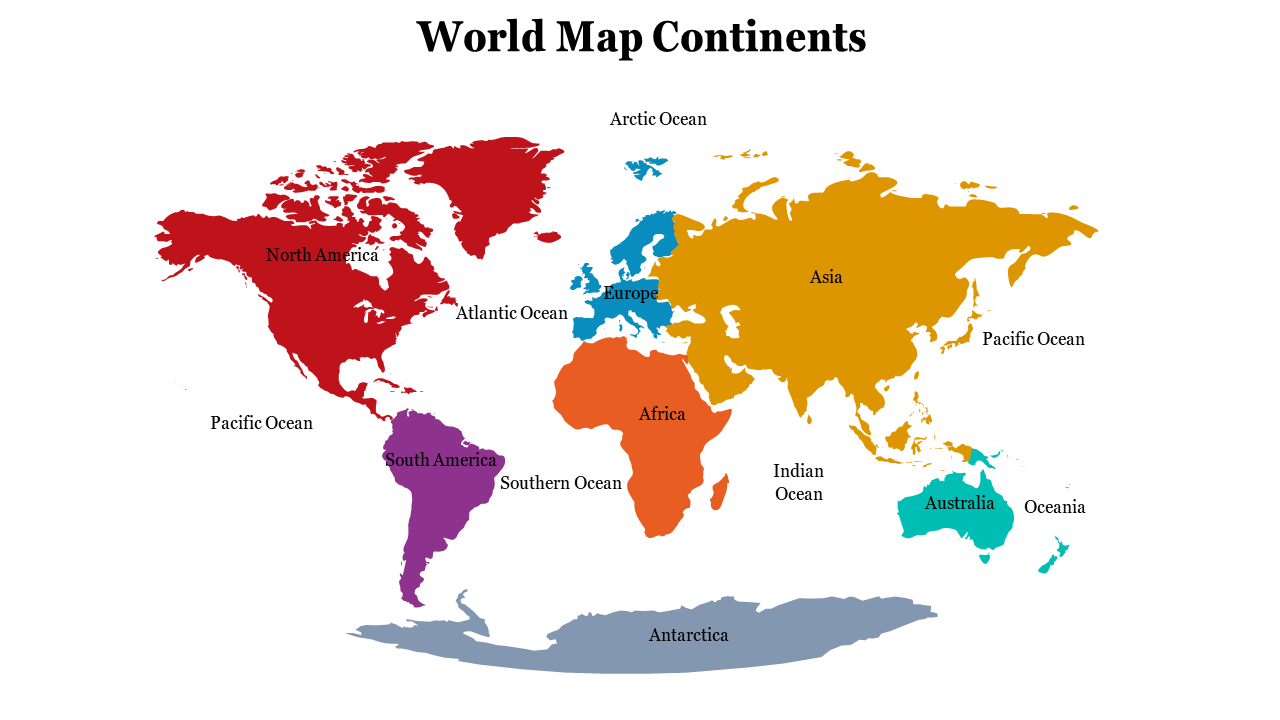 World map with vertical colored segments highlighting each labeled continent including Asia, Europe, and Australia.