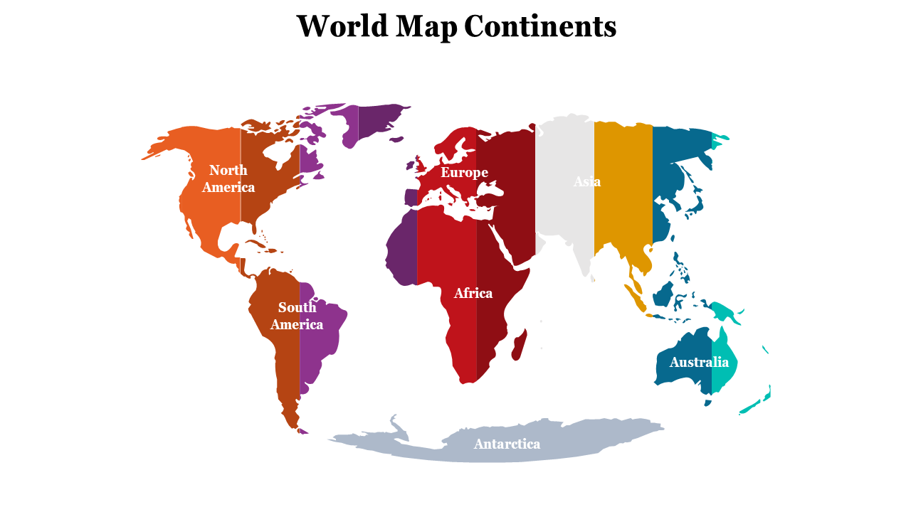 Grey world map with six colorful numbered pins labeling continents like Asia, Africa, and Europe with brief descriptions.