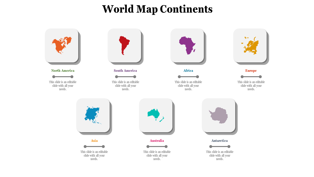 Continent icons in colored blocks arranged in two rows with labels and captions below each, on a white background.