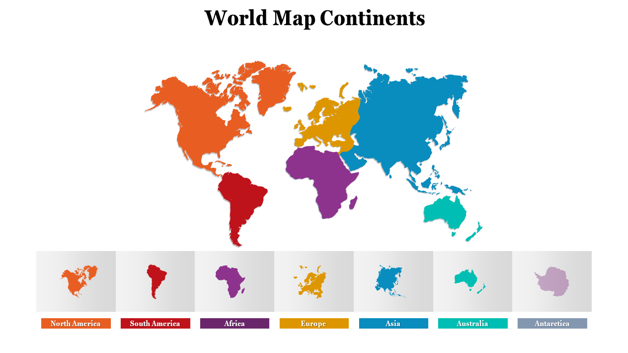 World map with continents in distinct colors, paired with labeled rectangular tiles and icons for each below the map.