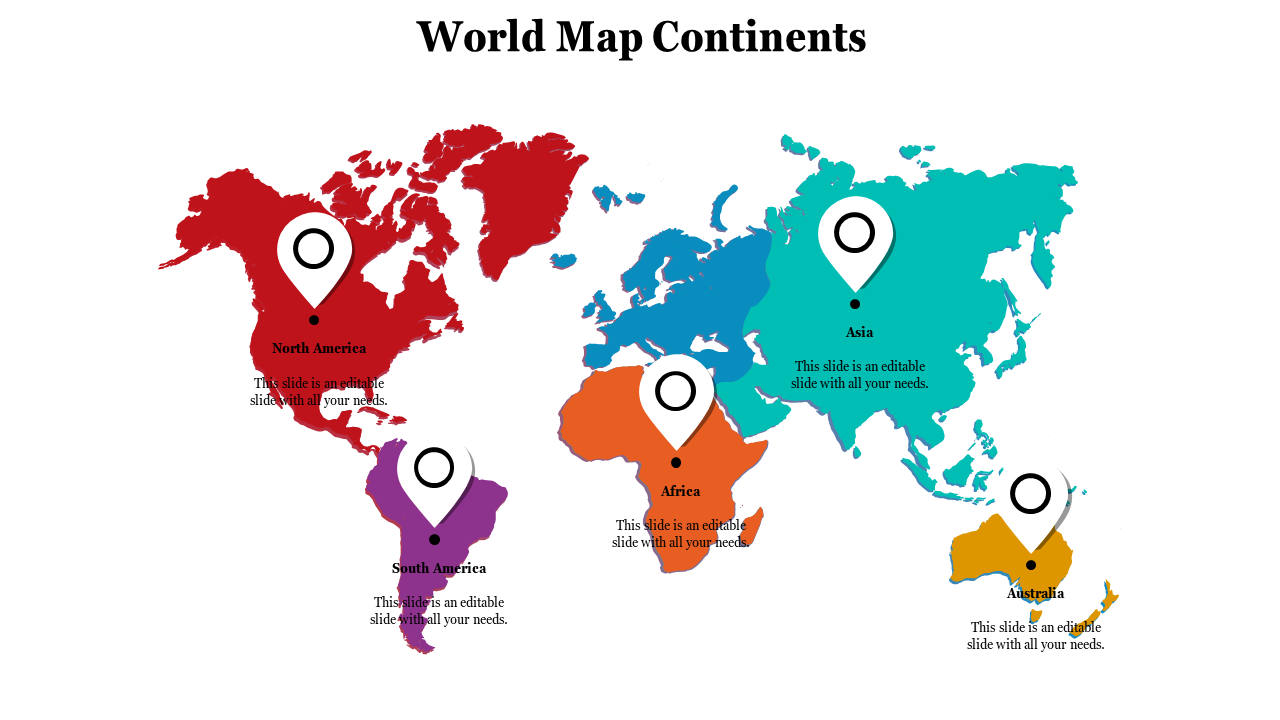 Map of continents in bold colors with drop pin icons and editable captions placed on five labeled regions.