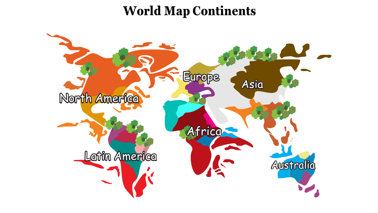 Colorful abstract map showing continents labeled in playful fonts, with green tree icons scattered across regions.