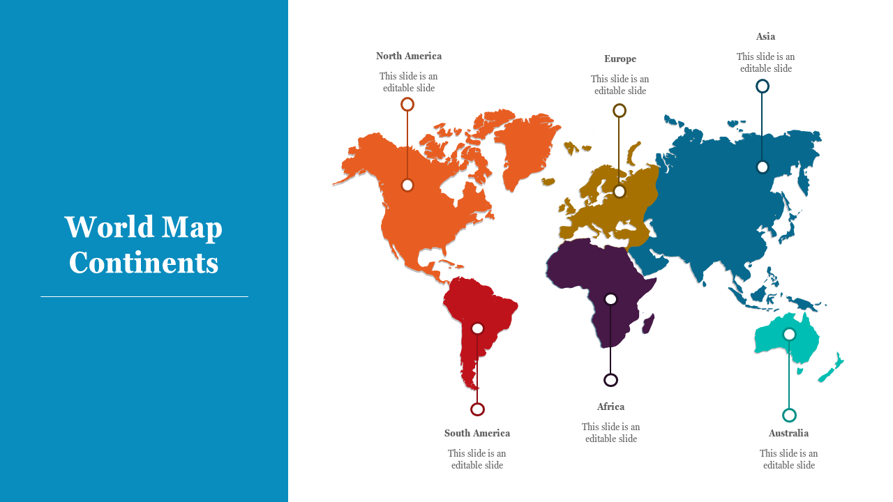 Colored world map showing six labeled continents with circular icons and connecting lines, beside a blue title panel.