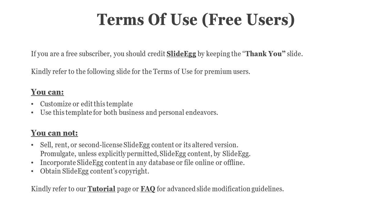 Instructional slide for free users listing what is allowed and prohibited when using SlideEgg content, with bold subheadings.