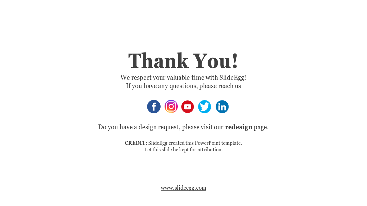 Thank you slide with message, five social media icons, credit note for SlideEgg, and link to redesign and SlideEgg website.