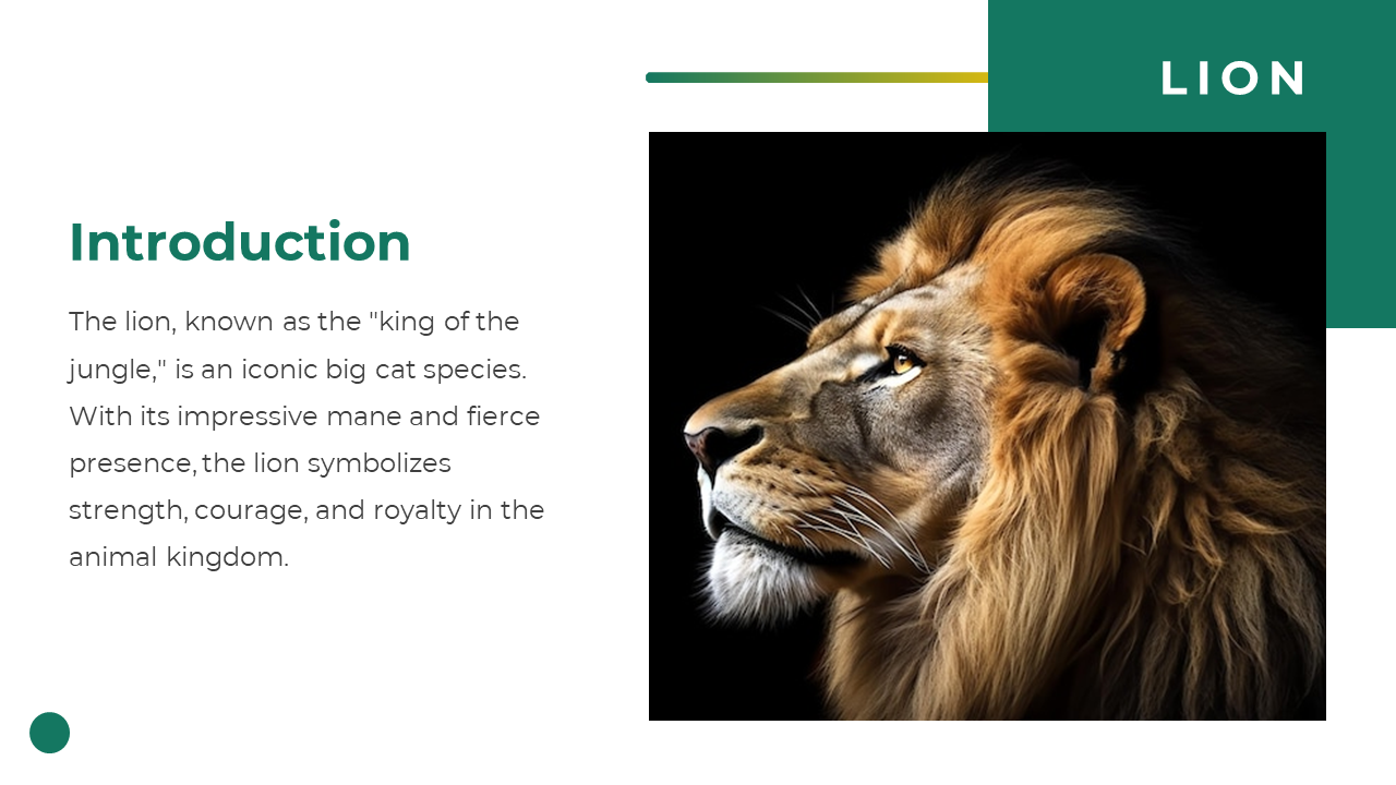 Lion introduction slide with bold title, descriptive text on the left, and a close-up lion photo on the right against black.