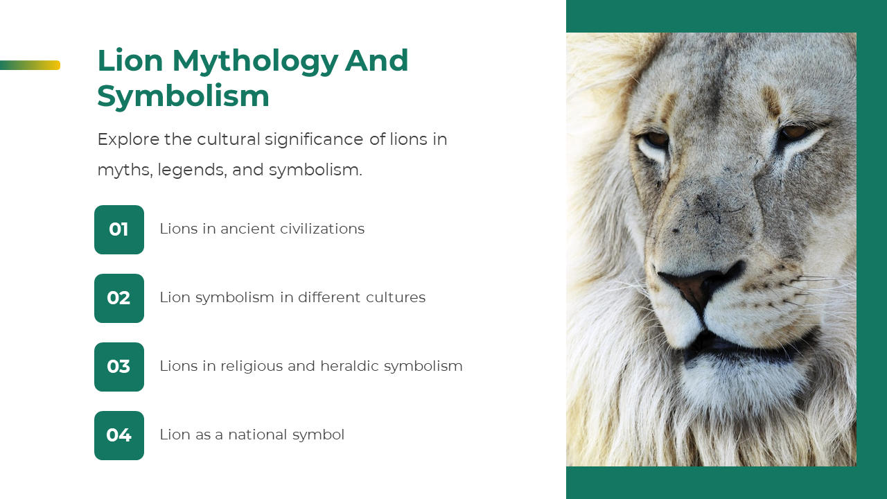 Slide on lion mythology with heading, symbolic lion photo, and list about lions in myths, heraldry, and national identity.
