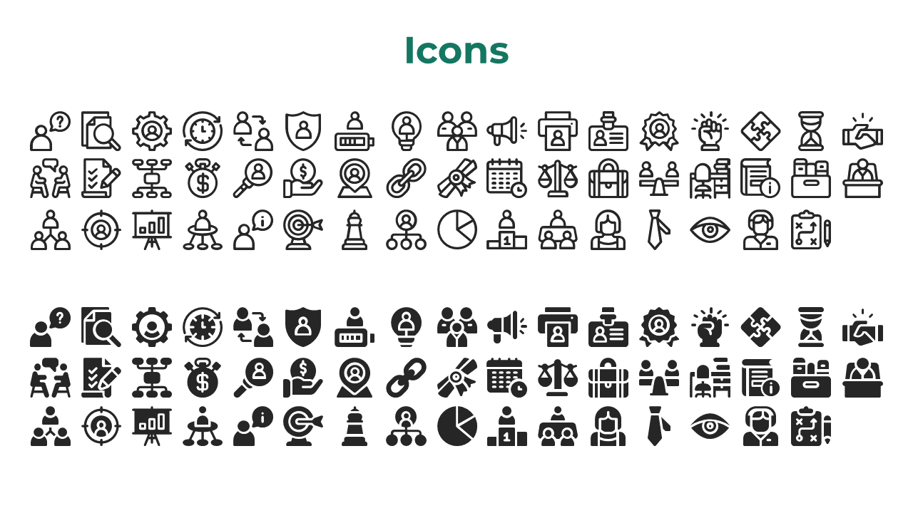 Slide with assorted business and office themed icons in outline and solid styles, arranged in two organized rows.