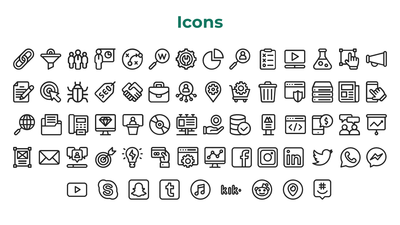 Icon collection slide featuring outlined symbols including charts, users, devices, social apps, and business tools.