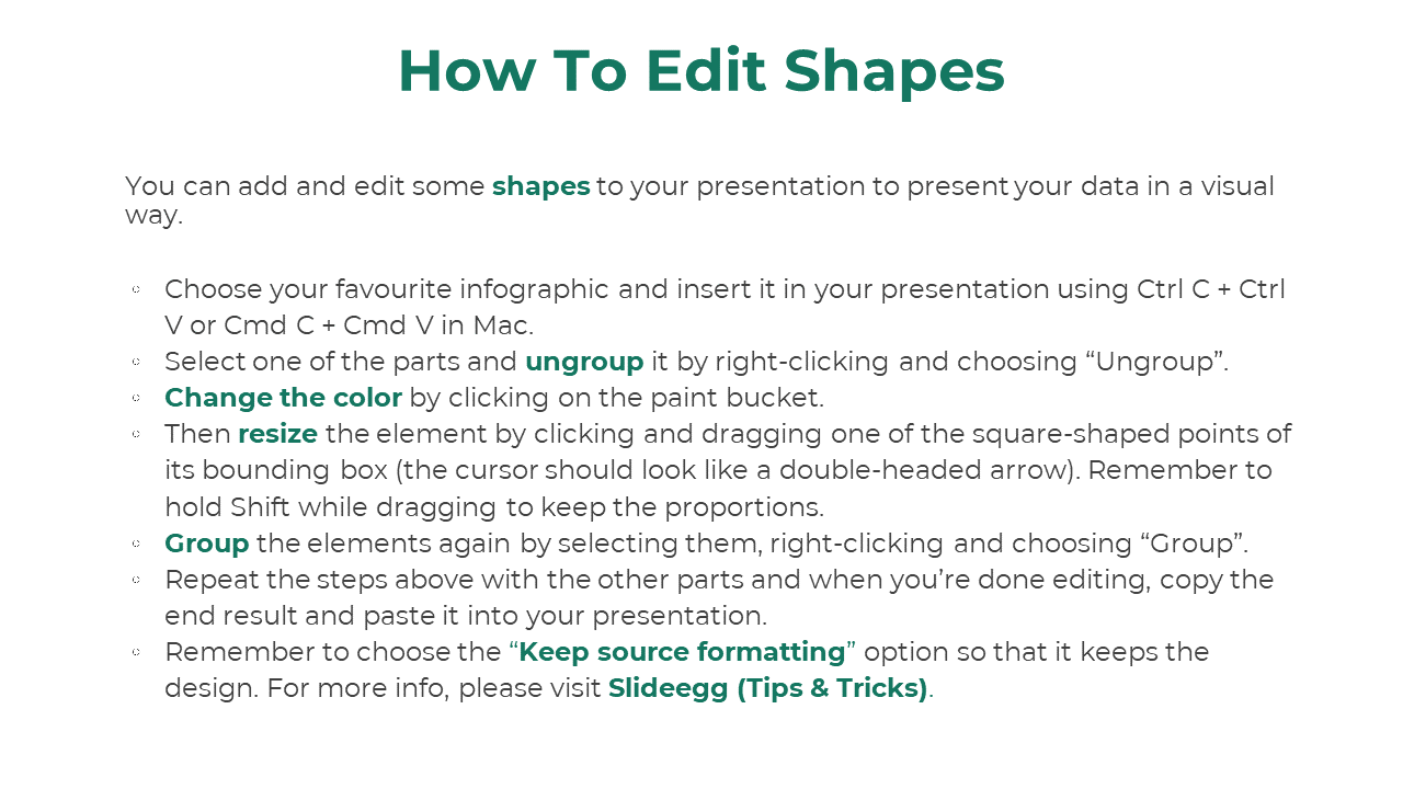 Presentation help slide listing instructions for modifying infographic shapes, with bold keywords and a website credit link.