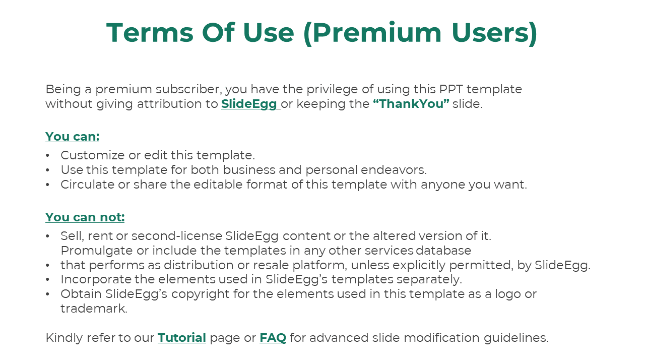 Premium user terms slide with lists for allowed and restricted actions, featuring links to SlideEgg, tutorial, and FAQ.