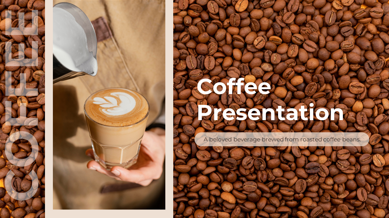 Coffee themed title slide featuring a hand pouring latte art, coffee beans, and bold text overlaid on the right side.