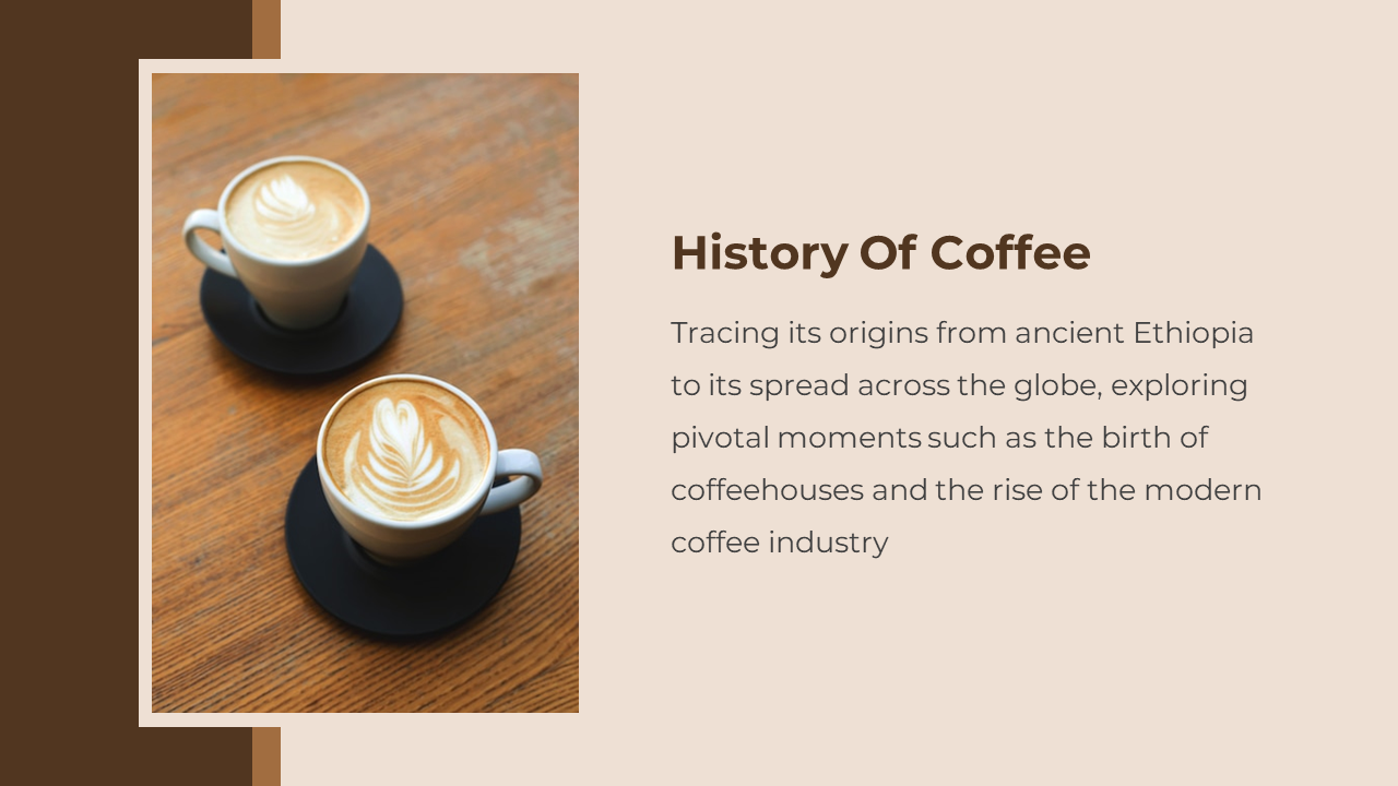 Coffee history slide featuring overhead view of two lattes with leaf latte art in white cups on black saucers.