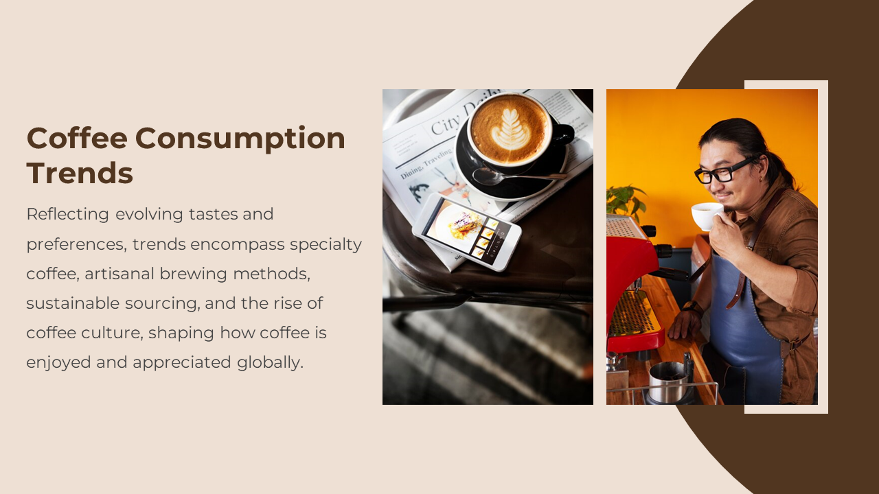 Coffee trends slide with latte on newspaper beside a phone, and a barista sipping from a cup in a bright café setting.