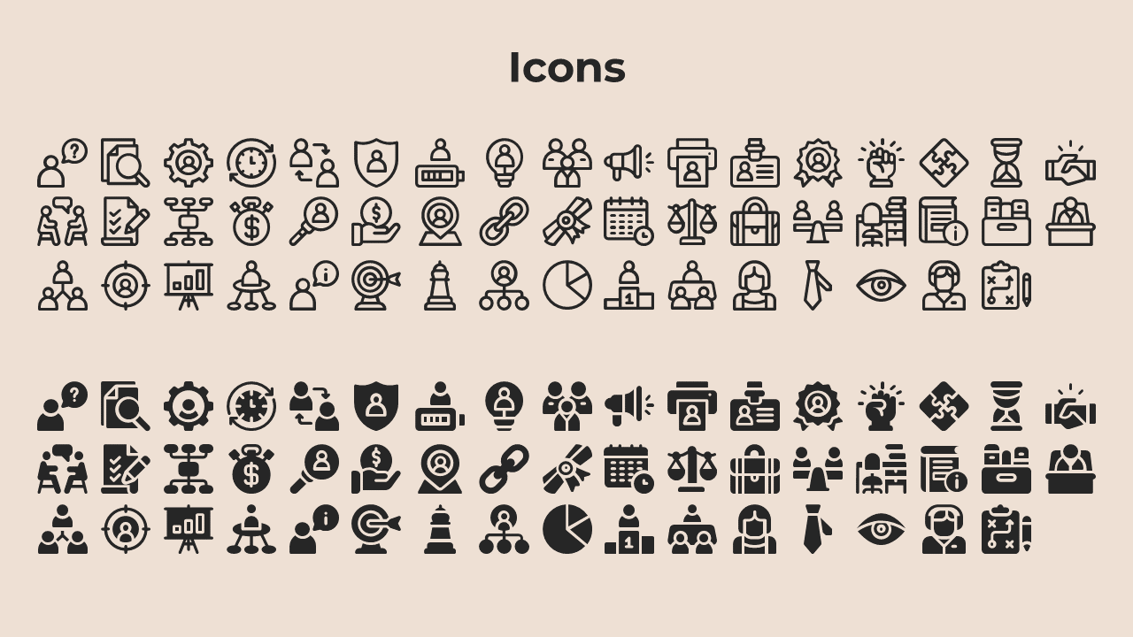 Assorted outline and filled icons in two rows showing business symbols like users, charts, puzzles, and lightbulbs.