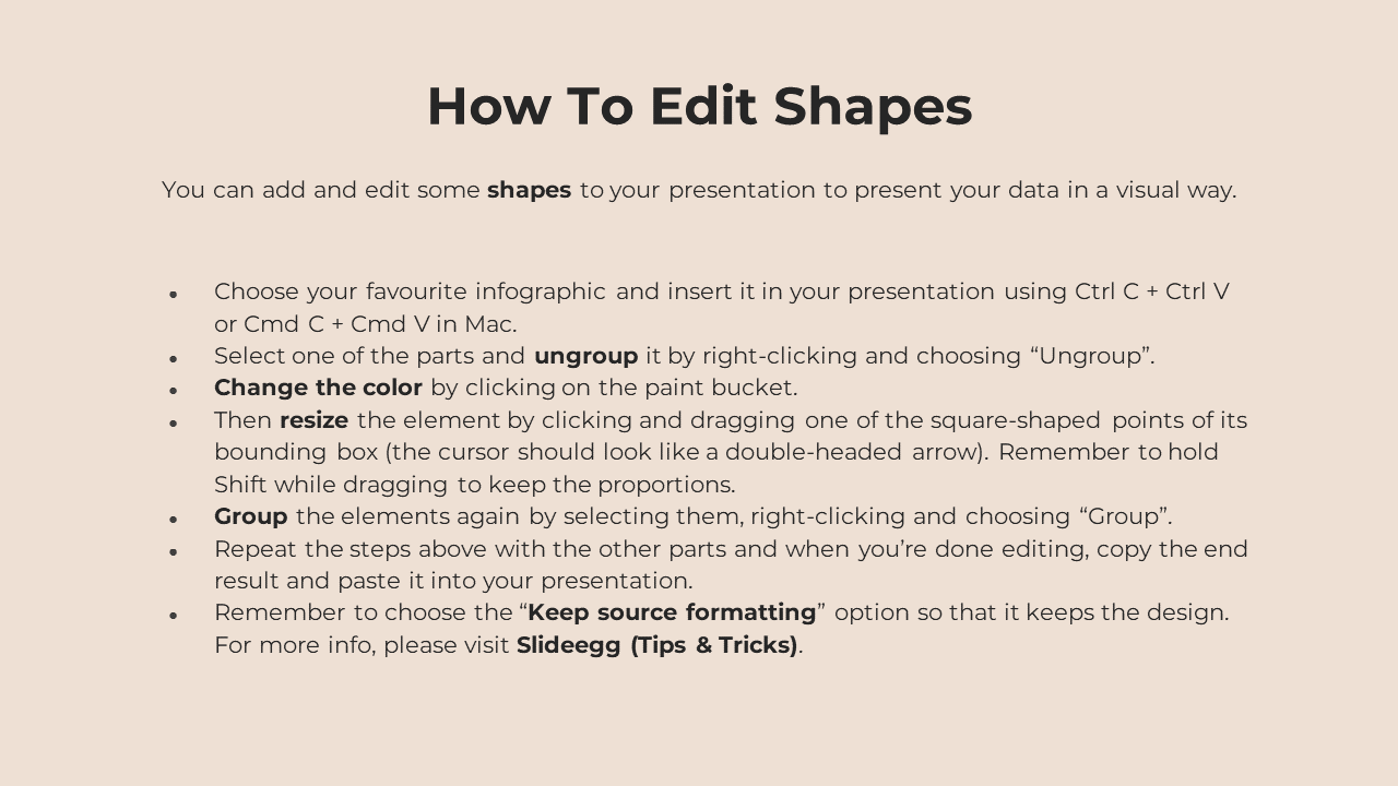 Beige background slide with black bold heading and detailed steps on editing infographic shapes in presentations.