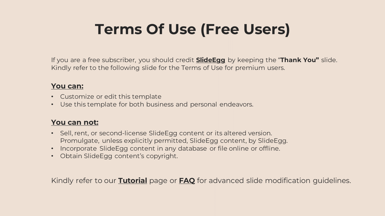 Instructional slide outlining what free users can and cannot do with the template, including credits and limitations.