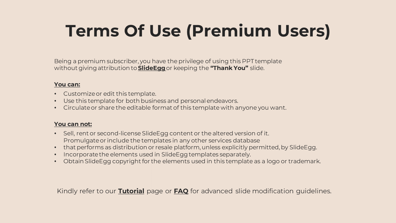 Instructional slide detailing rights and limitations for premium users, with links to the tutorial and FAQ at the bottom.