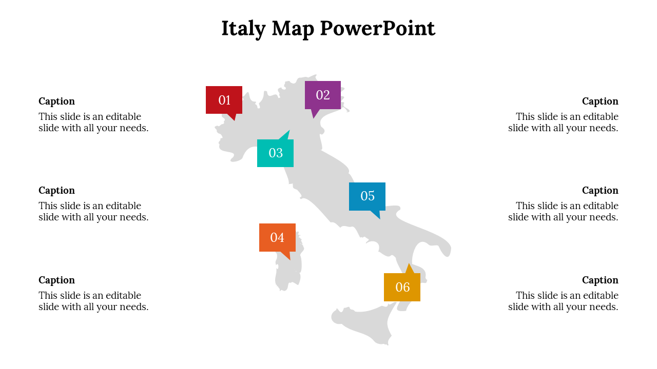 Italy maps PowerPoint slides with various color coded regions, each marked with numbered labels on a white backdrop.