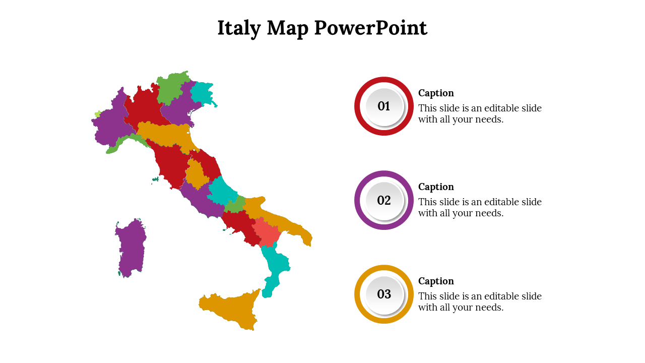 Colorful regional Italy map with three circular markers labeled 01 to 03, each paired with a caption box on the right.