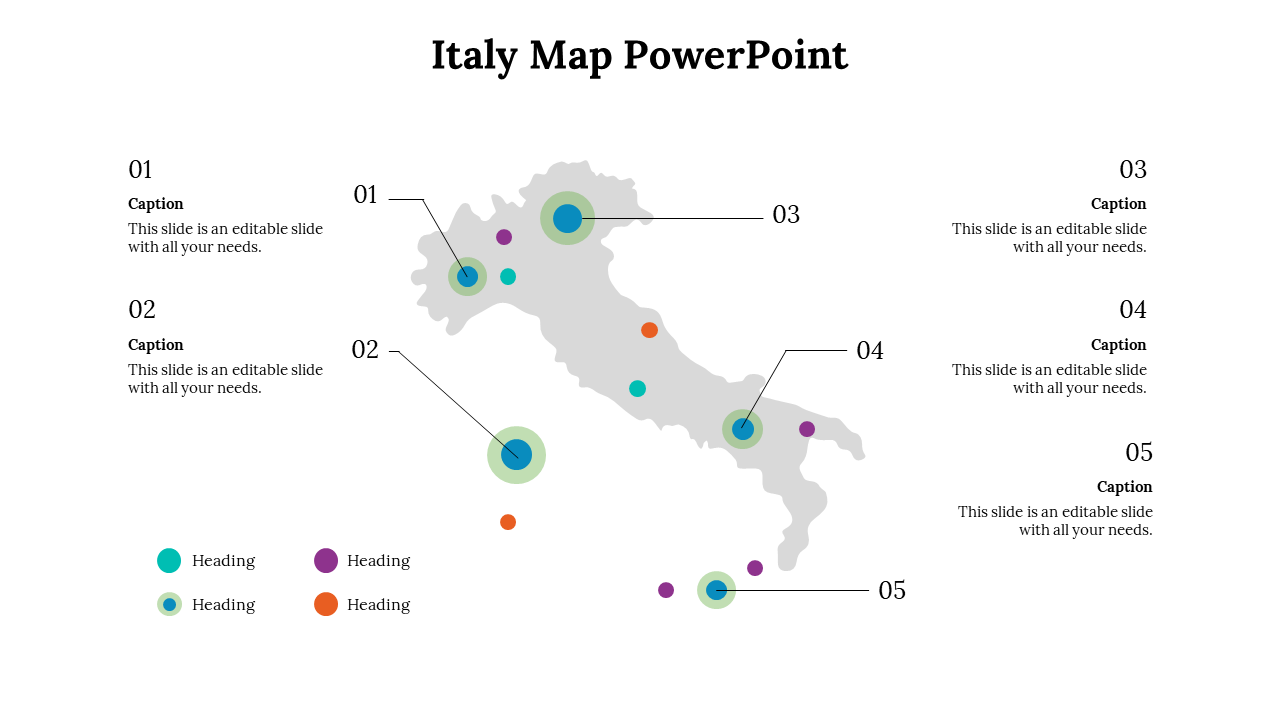 Labeled Italy map with teal, purple, orange, and green circular markers and caption text boxes arranged around the slide.