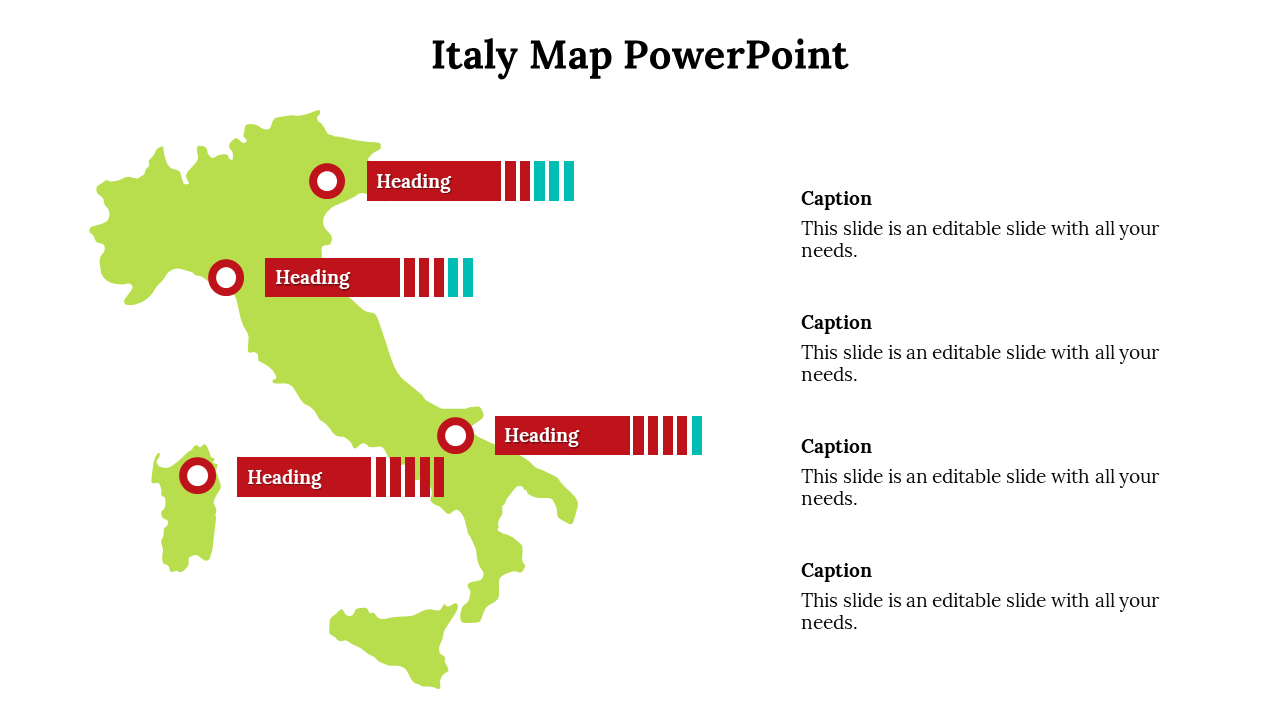 Italy map with three red title bars extending from circular points, each paired with vertical striped bars and text areas.