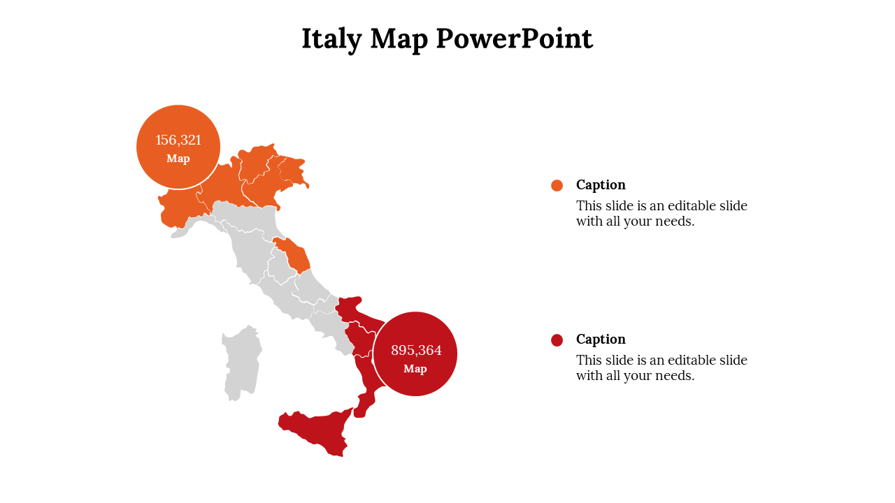 Italy map with northern regions in orange and southern regions in red, highlighted by two large labeled circles with values.