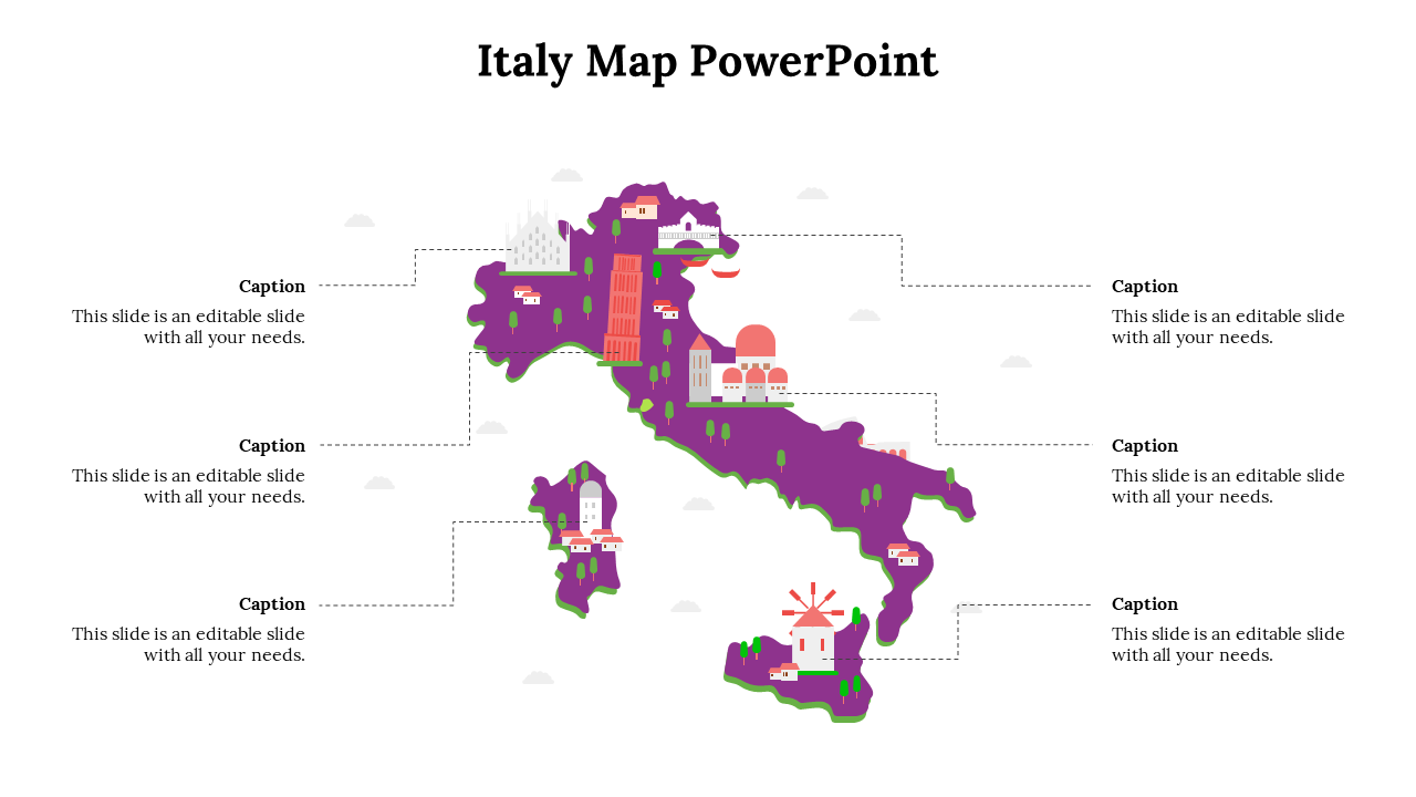 Purple Italy map with iconic buildings and trees placed across regions, linked to six caption boxes on both sides.