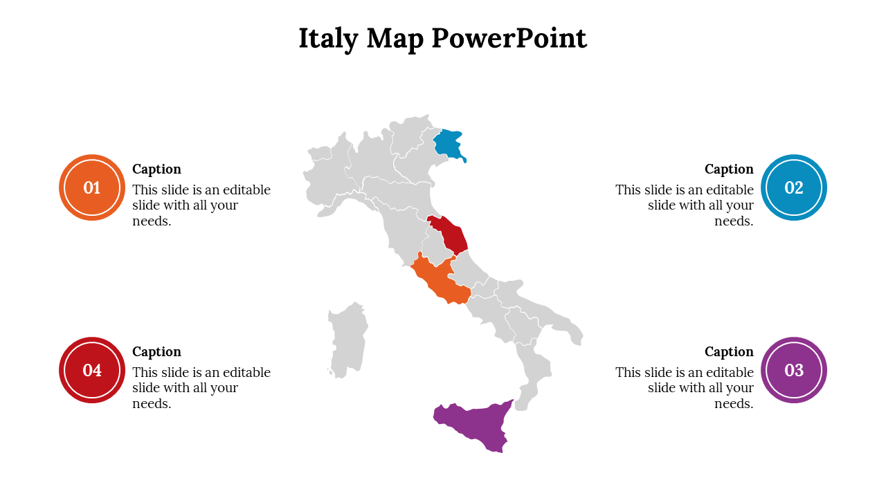Slide shows Italy map with five regions in blue, red, orange, and purple, connected to round numbered captions.