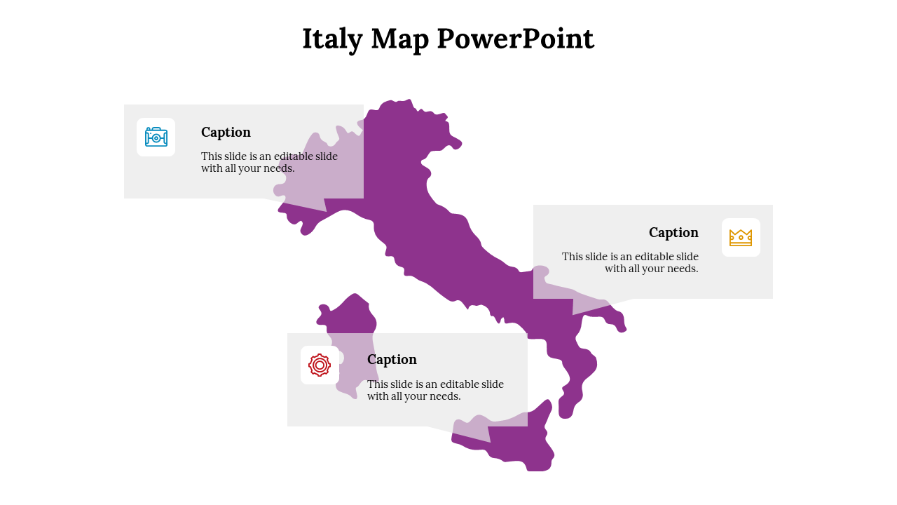 Italy map in purple with three large label boxes featuring icons and text, positioned at key regional locations.