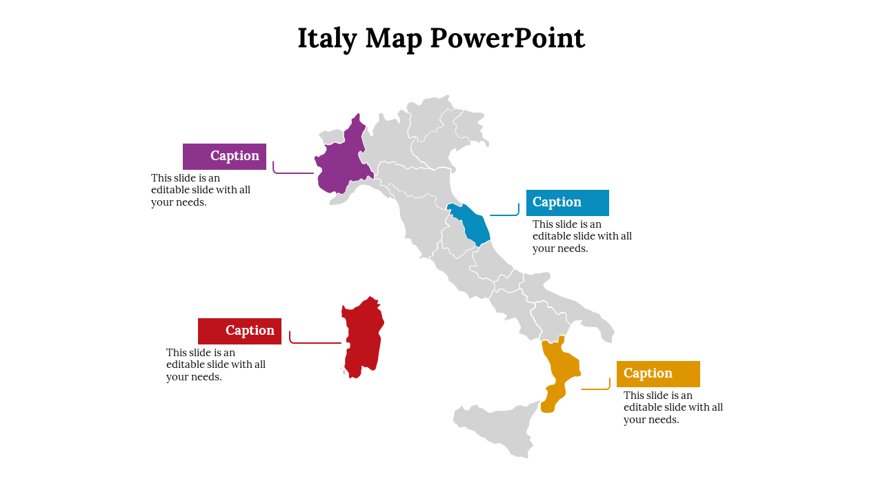 Italy map with four regions highlighted in purple, blue, red, and yellow, each linked to colored caption boxes.