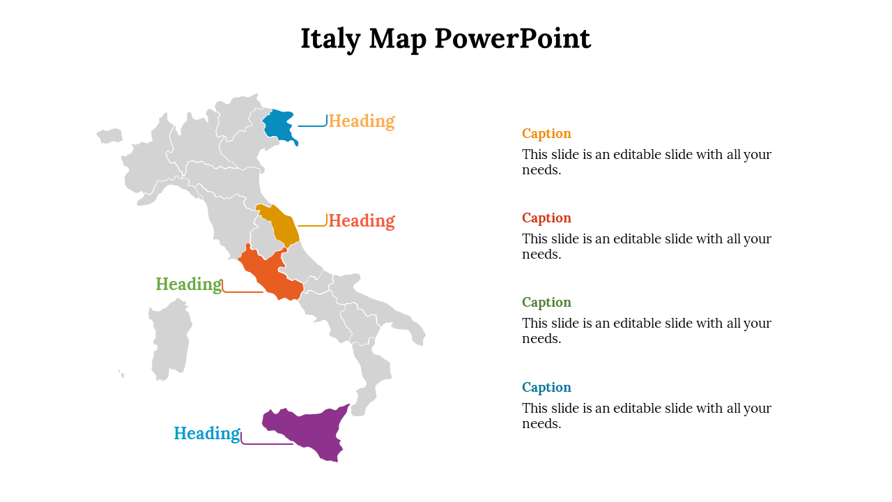 Italy map with five regions highlighted in colors and connected to matching color-coded headings and captions on the right.