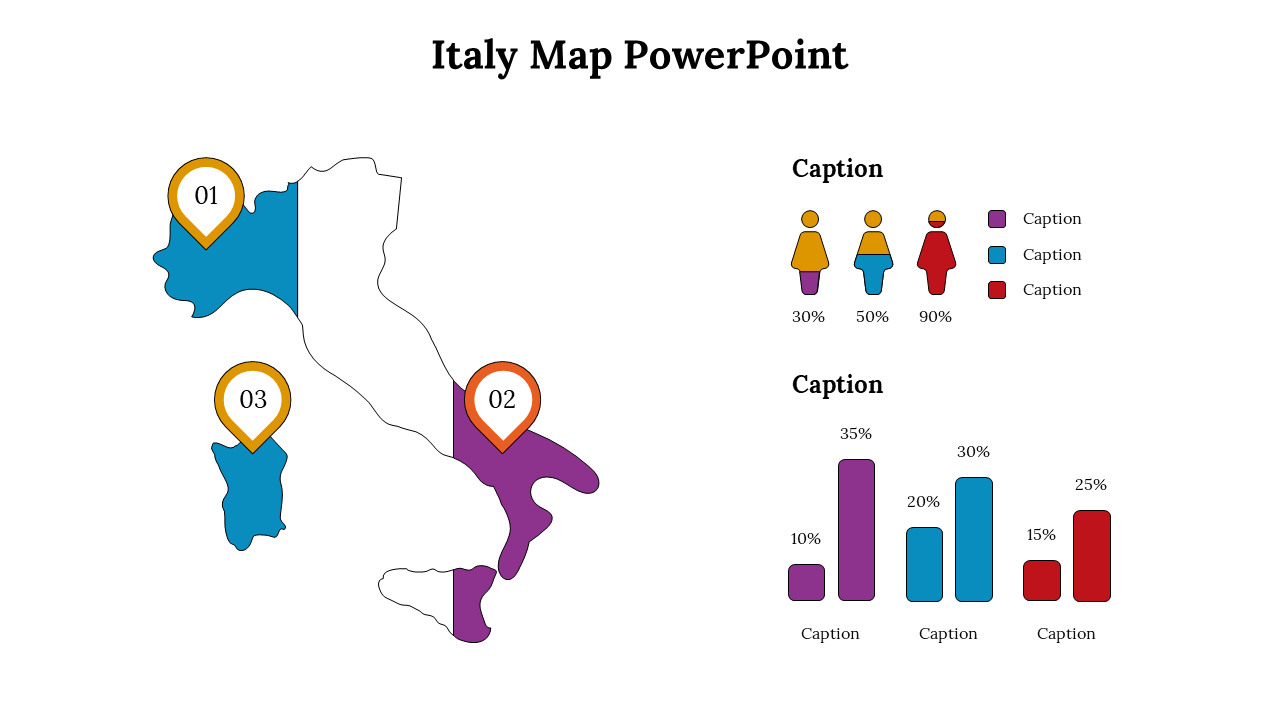 Italy map with regions in purple and blue, numbered pins 01 to 03, and charts and icons placed to the right side.