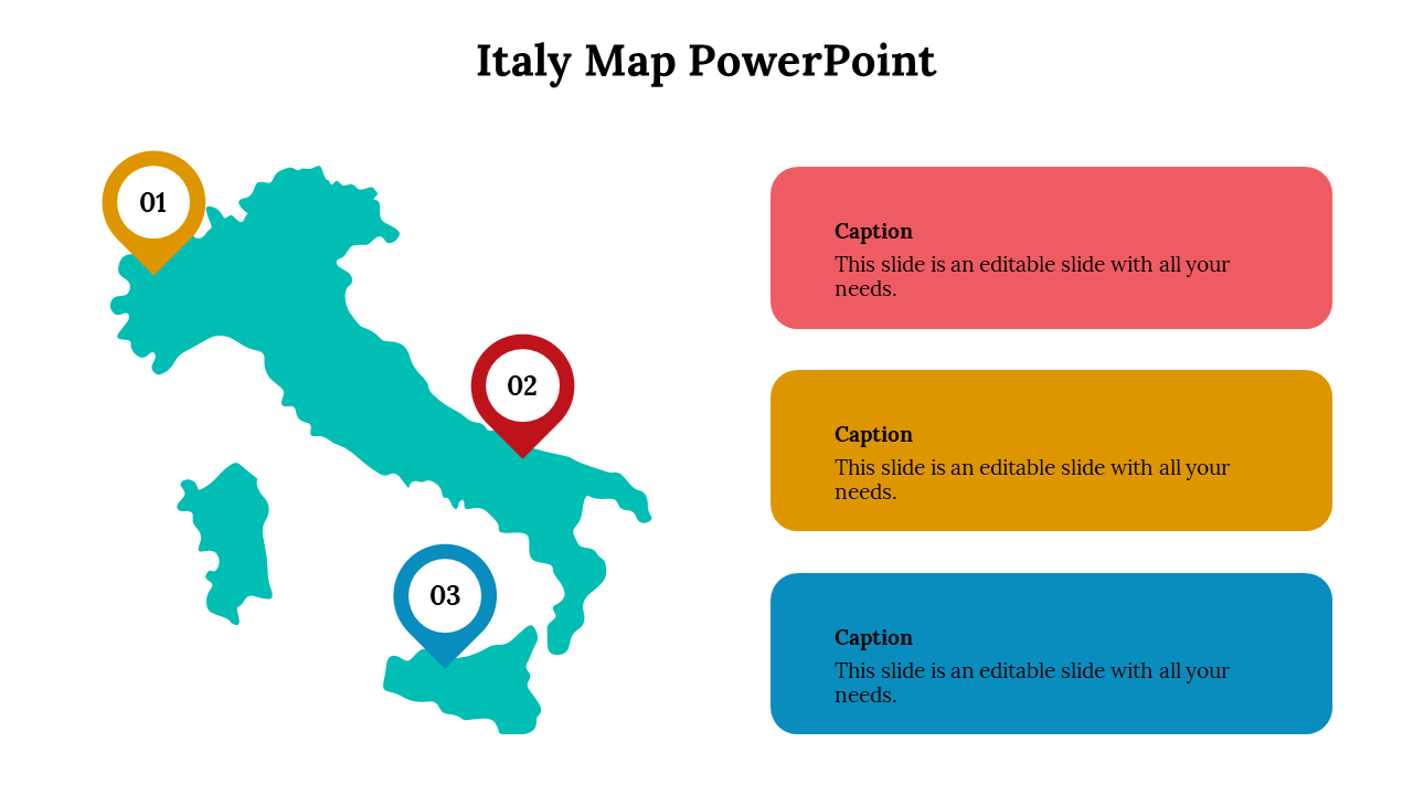 Teal Italy map with three numbered location pins labeled 01–03, linked to colorful rectangular captions on the right.