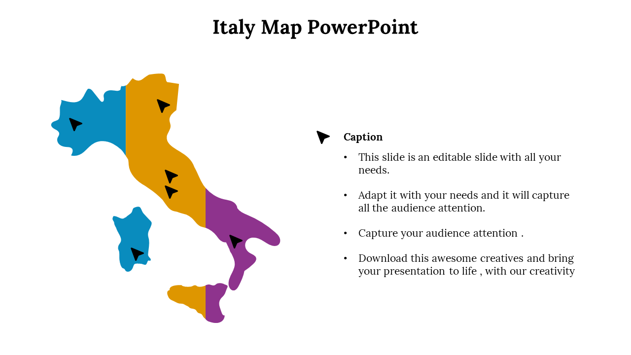 Italy map divided into three colors with black location icons and a caption list on the right side of the slide.