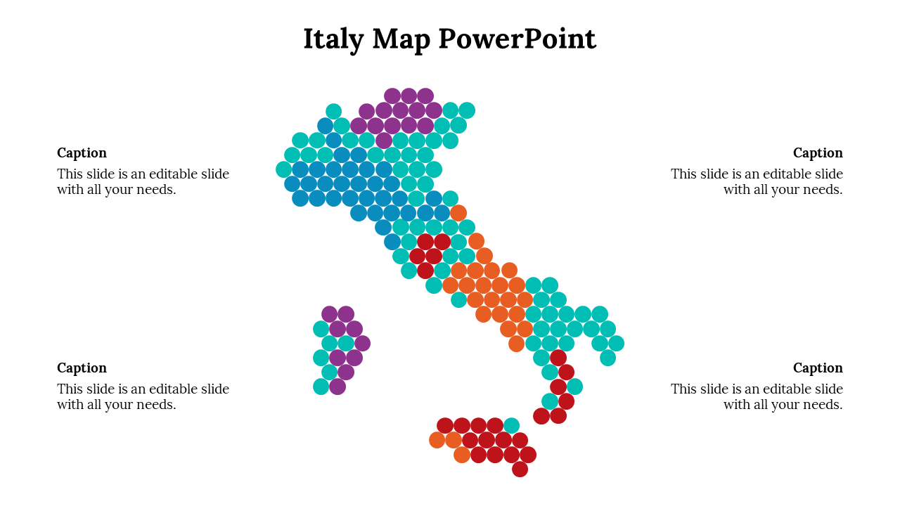 Italy map formed with colored hexagonal dots, featuring blue, teal, red, purple, and orange clusters with caption boxes.