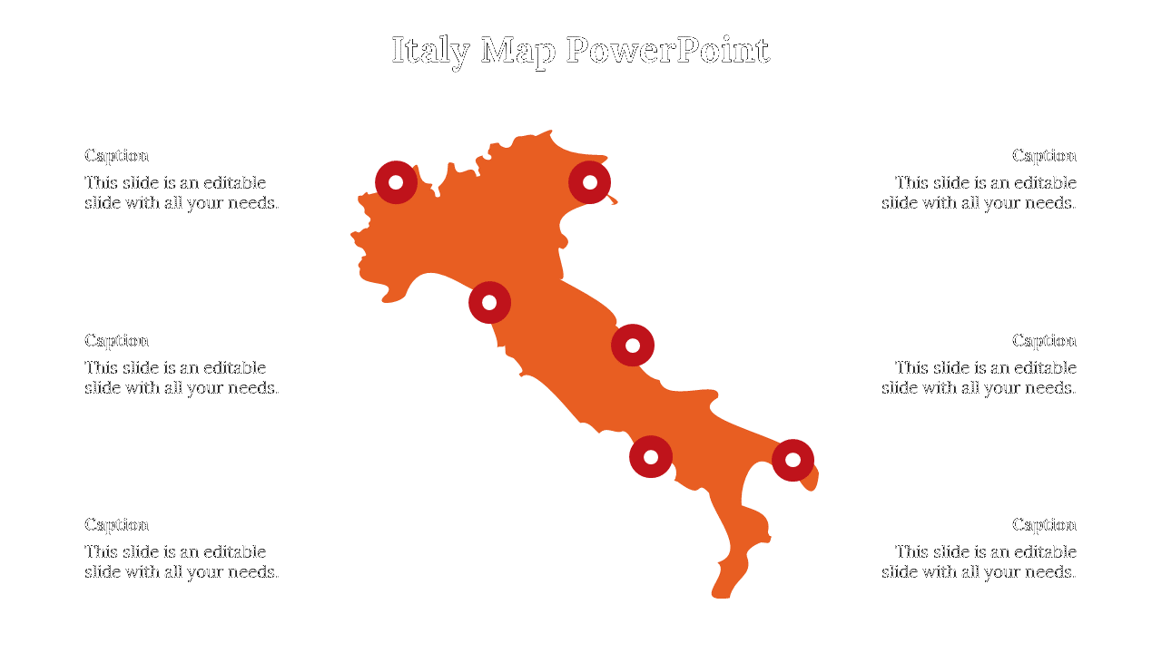 Orange Italy map with six red circular location markers, each connected to editable caption boxes surrounding the map.