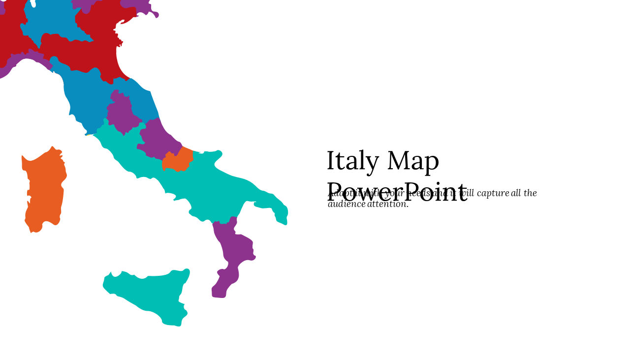 Italy map in various colors on left side with doubled black title text overlapping on a clean white slide layout.