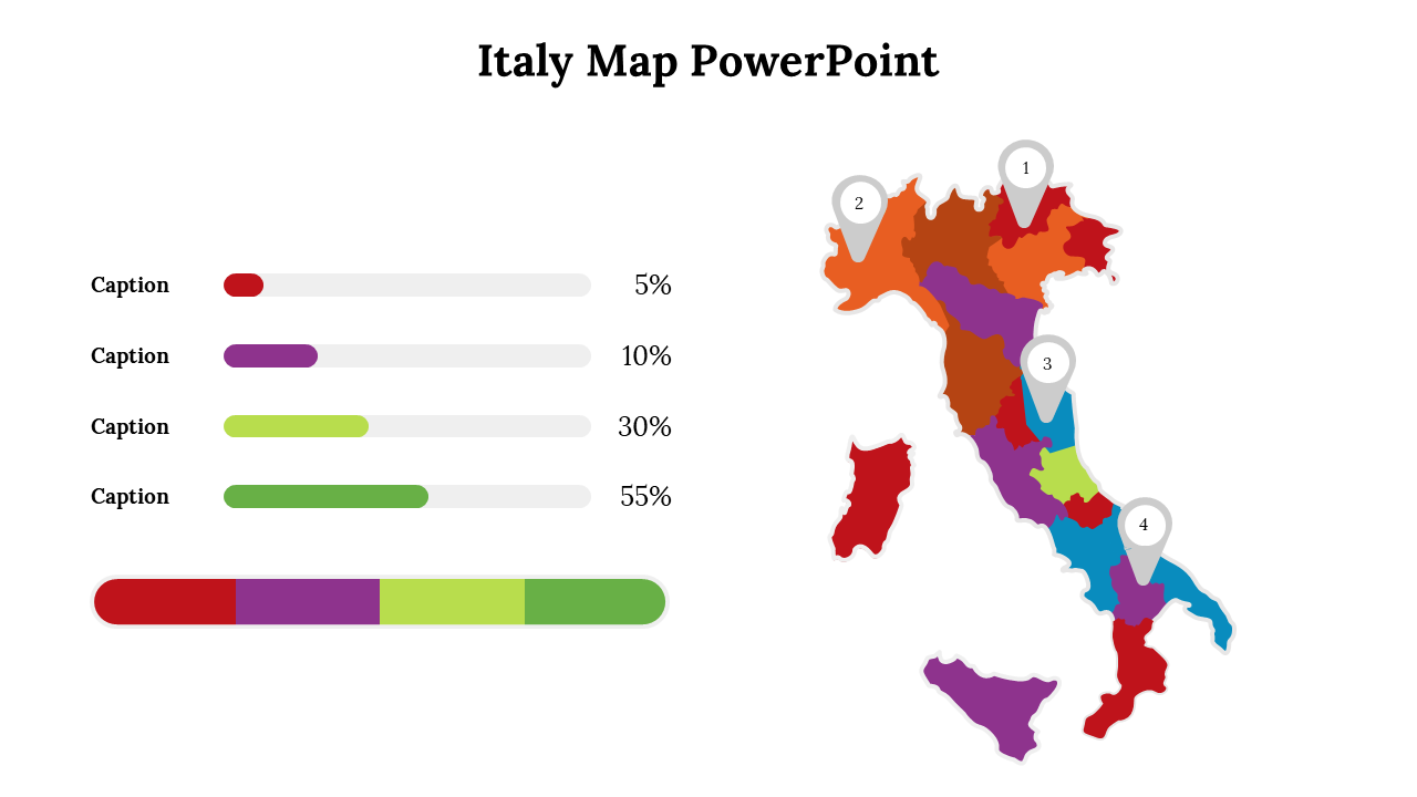 Slide featuring Italy map in color segments with numbered pins and percentage data bars to the left.