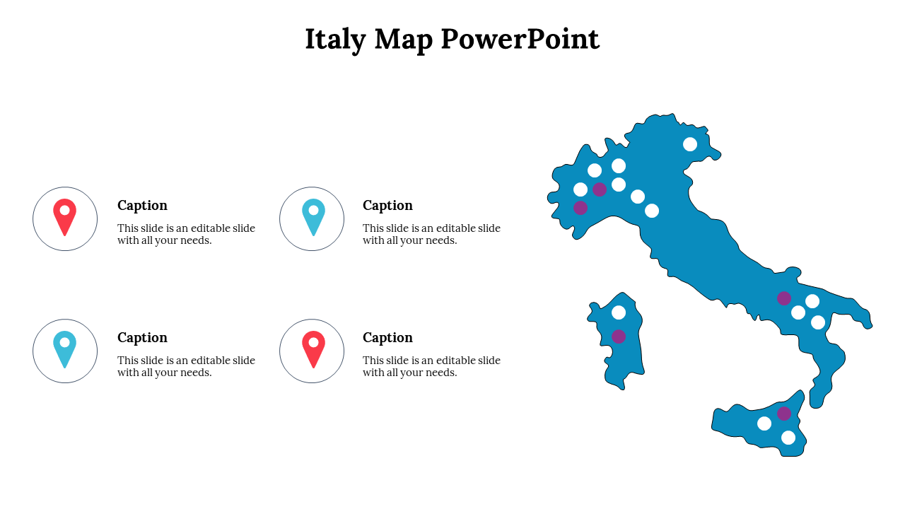 Map of Italy with white and magenta location dots, paired with four large icon captions placed around the slide.