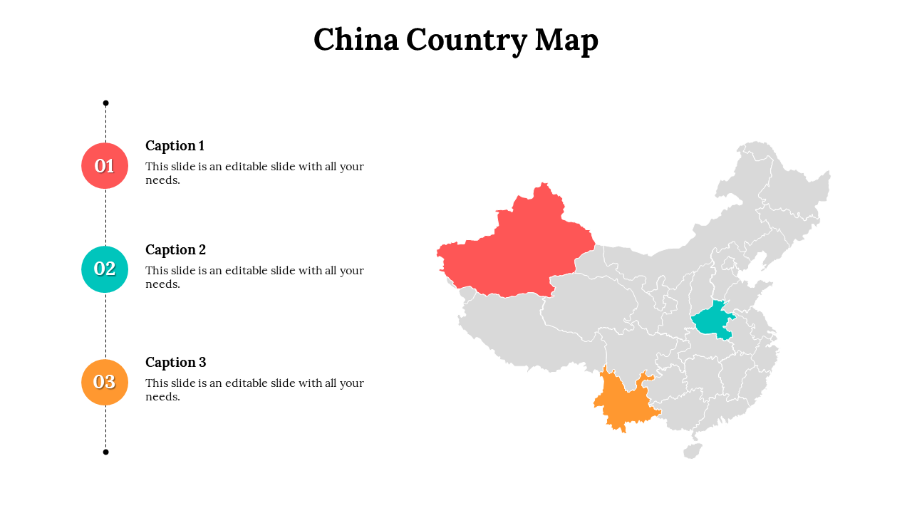 China map with three regions highlighted in red, teal, and orange, linked to numbered vertical captions on the left.